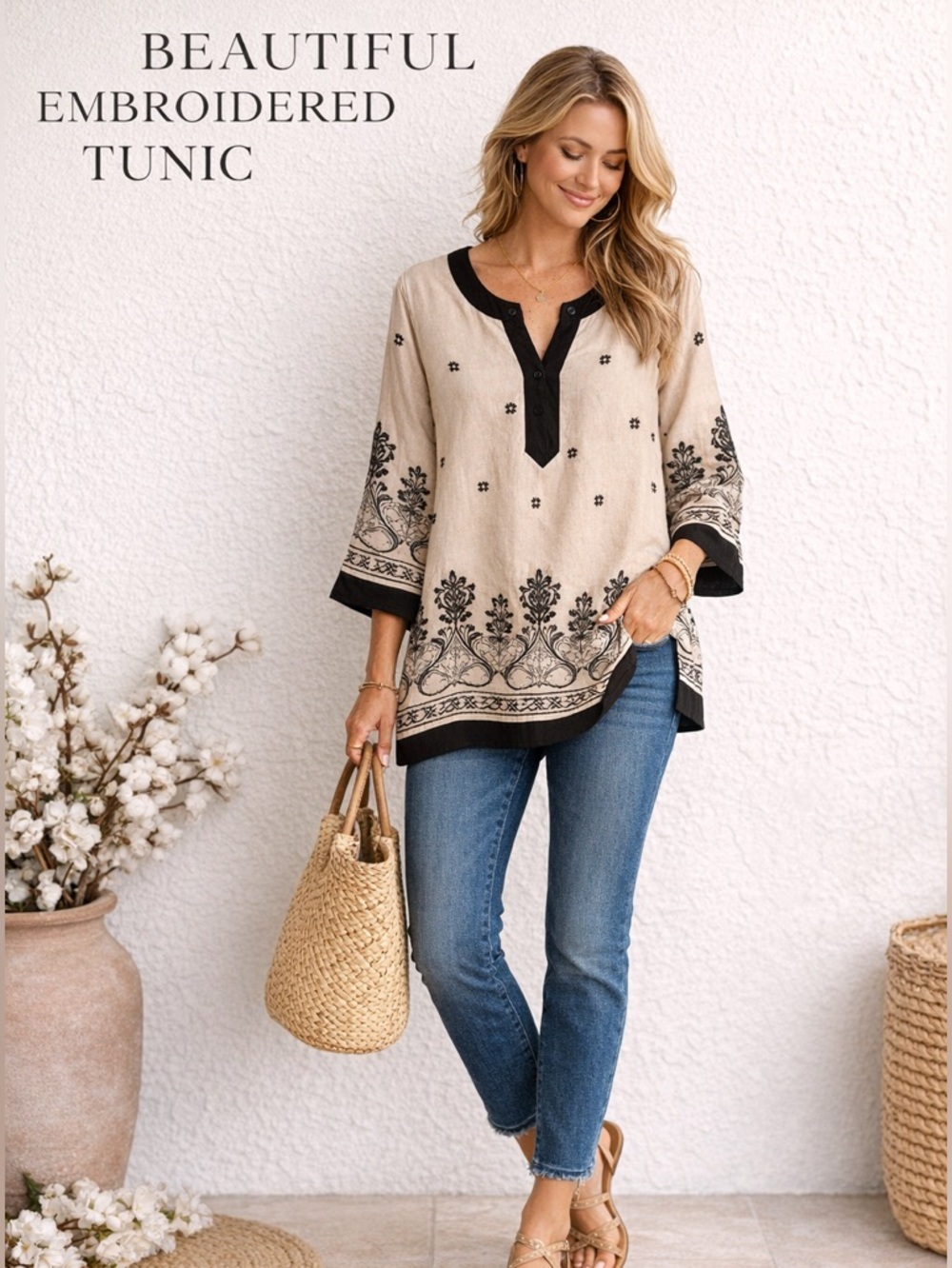 Linen Boho Tunic Top Beige Black Print Size 2X